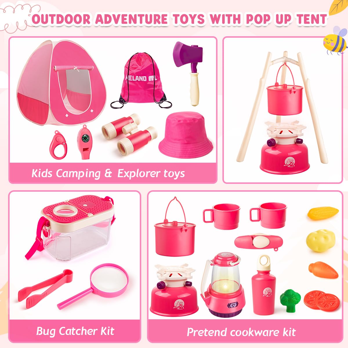 Meland Kids Camping Set For Girls - Camping Tent Toys For Girls Indoor Outdoor Pretend Play, Christmas Birthday Gift Idea For To