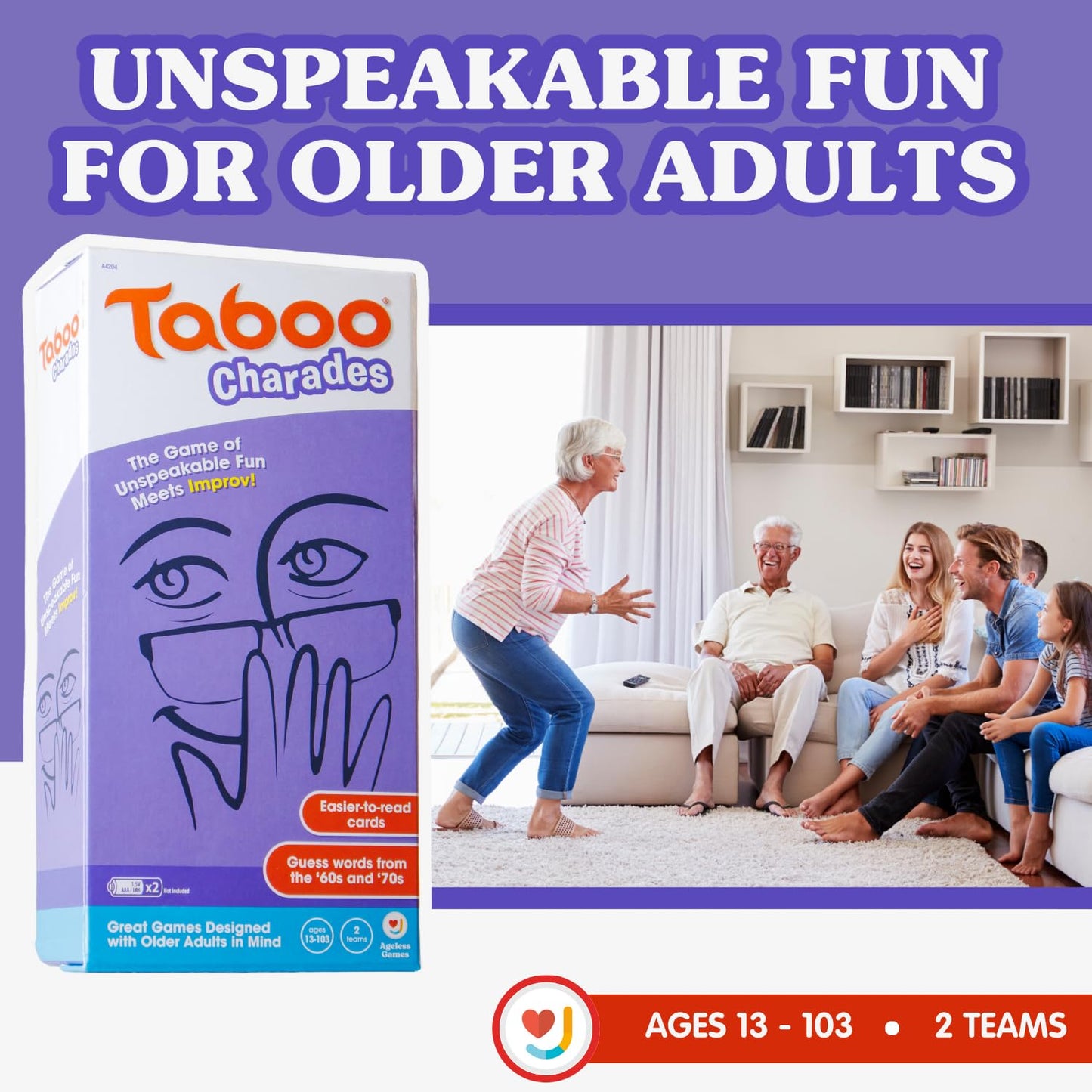 JOY FOR ALL Ageless Games Taboo Charades - Classic Low Vision Card Game, Purple, Includes 80 Customizable Word Guess Cards, Model A4204