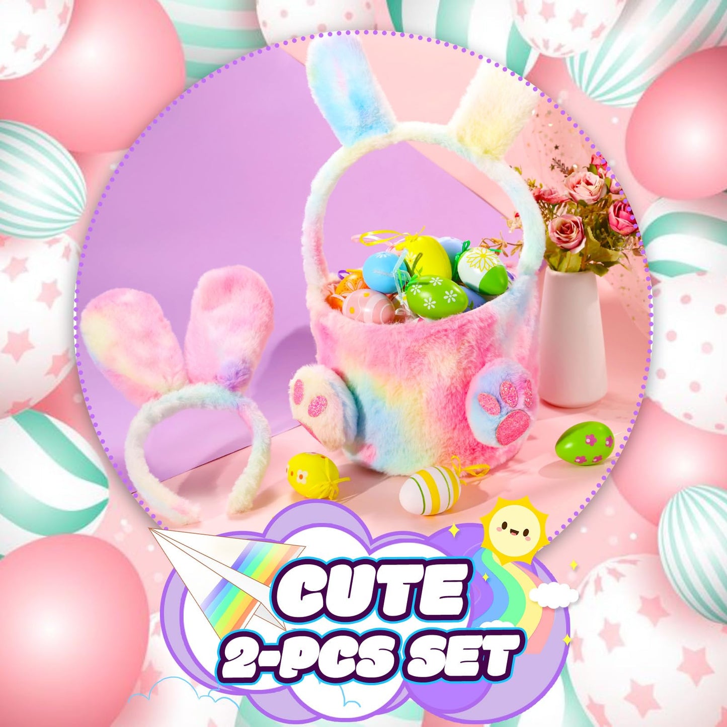 PinkSheep Bunny Ears and Basket for Girls,Pink Bunny Headbands with Bakset and Bunny Costume for Girls Bluk Party Favors, Rabbit