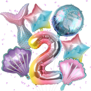 Mermaid Balloons 2Nd Birthday Decorations, 8Pcs Mermaid Party Decorations Balloons, 40 Inch Rainbow Number 2 Balloon, Large Helium Foil Mermaid Tail Balloon, Seashell Balloons For Girls' 2Nd Birthday