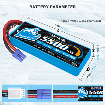 Yowoo 3S Lipo Battery 150C 5500mAh 11.1V Graphene Battery EC5 Connector with Metal Plates for RC Airplane Helicopter F450 Quadco