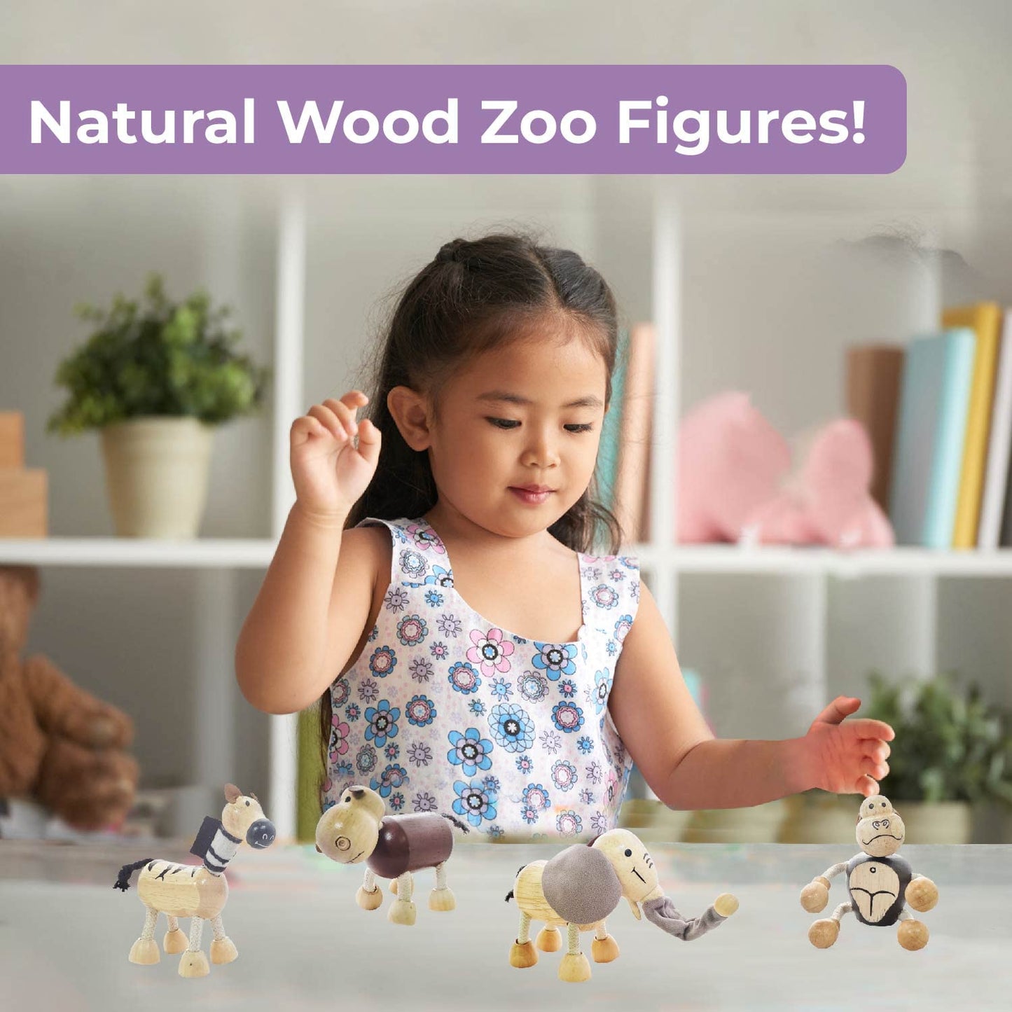 TEKOR Wooden Bendable Jungle Animal Toys (Set of 4) | Ages 3 & Up | Early Education Toy Animals for Kids | Elephant, Zebra, Hipp
