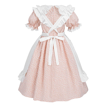 Ltakk Pioneer Dress Girls Colonial Costume Prairie Pilgrim Girl Dresses With Ruffled Pinafore, Peach, Large, Age Over 4 Years Ol