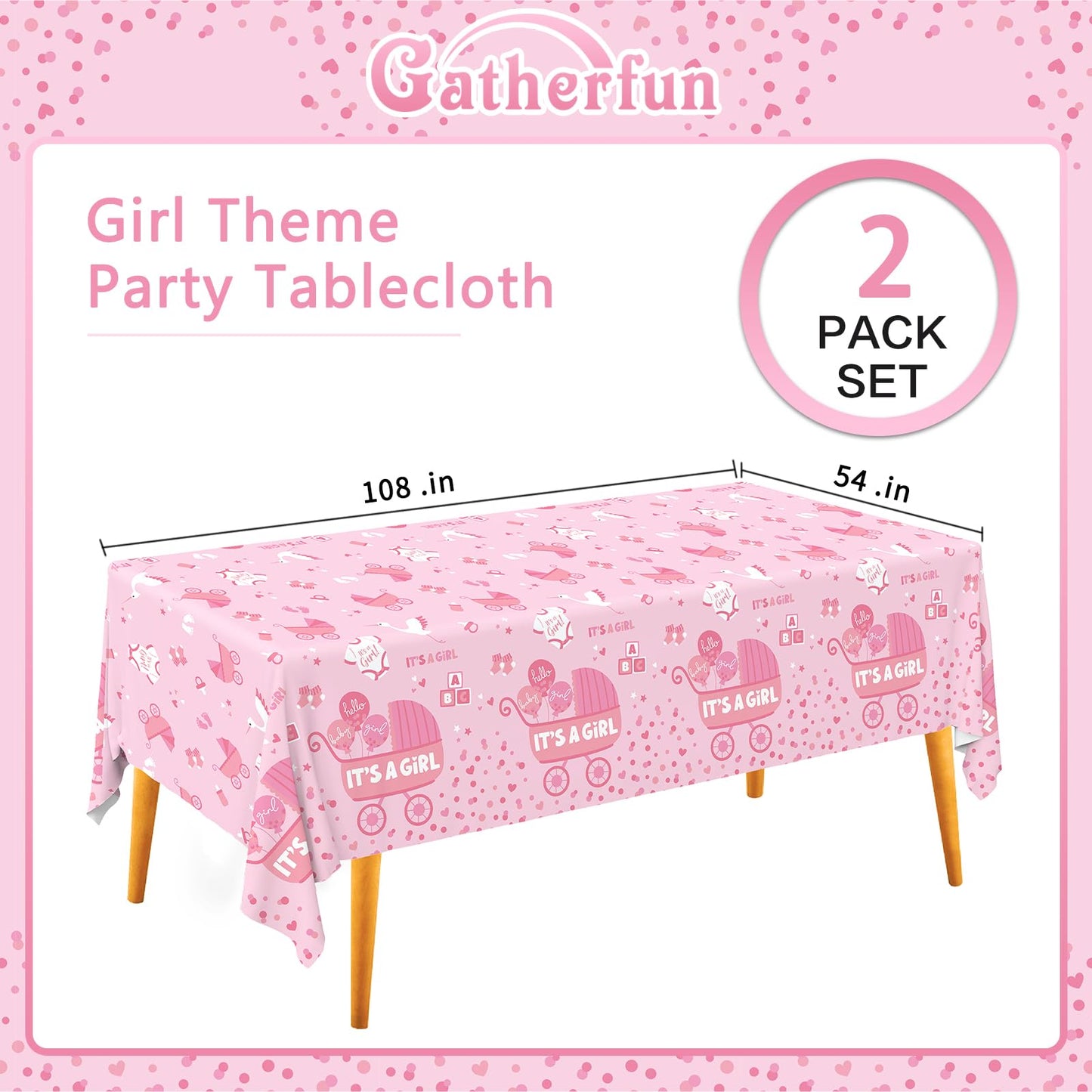 Gatherfun Baby Girl Shower Party Supplies: 2-Pack Its A Girl Decorations,Disposable Plastic Tablecloth, Ideal Table Cover for Ba