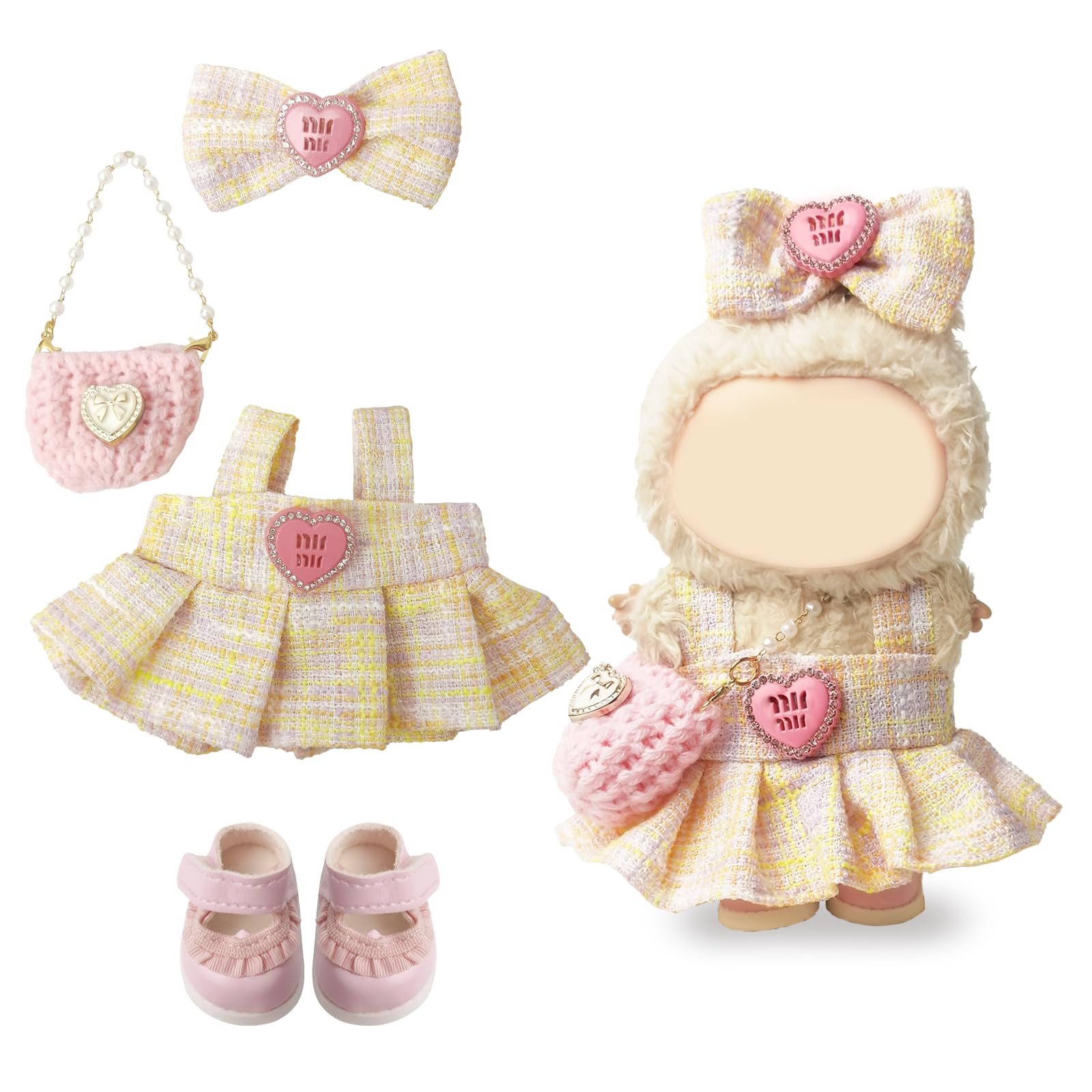 Clothes Compatible with LABUBU - Blue & White T Dress with Bow  Bracelet & Shoes | 4PCS Couture-Inspired Outfit for 8-Inch Dolls (Blush T Belle)