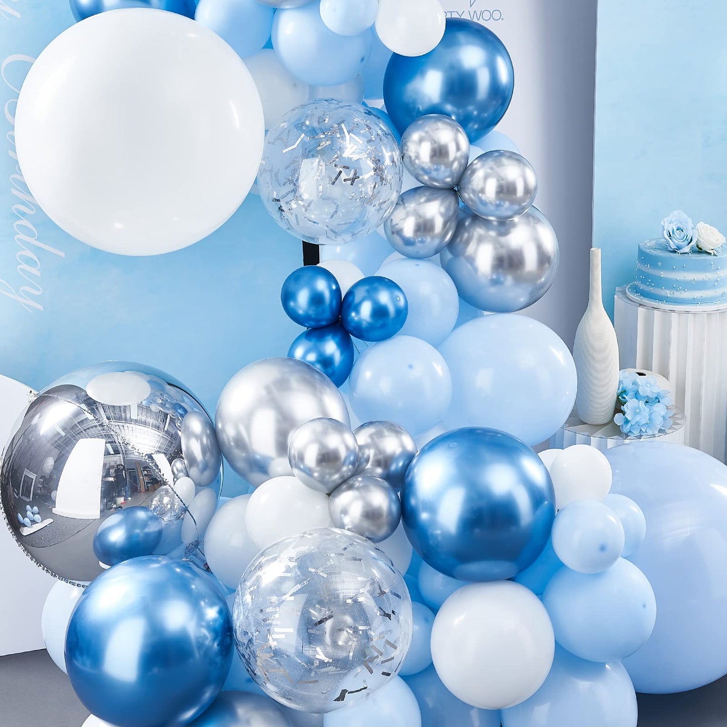 Partywoo Blue Balloon Garland Kit, 140 Pcs Blue And White Balloon Arch Kit, 4D Silver Balloons, Metallic Balloons, Confetti Balloons For Baby Shower Decorations, Birthday Decorations, Baptism