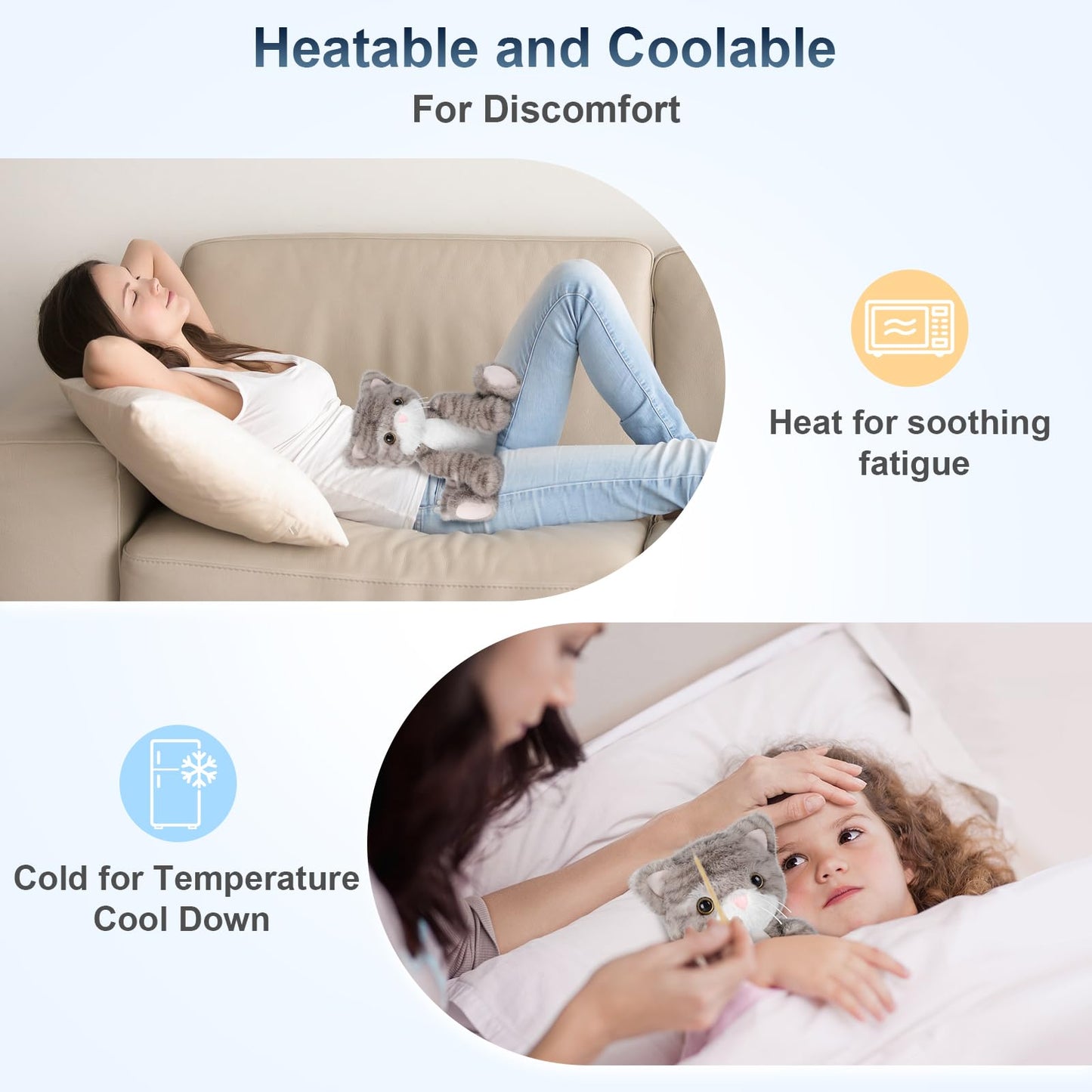 Suzzipals Heatable & Coolable Grey Cat Stuffed Animal, Cat Heating Pad Microwavable For Soothing & Relaxation, Lavender Scented