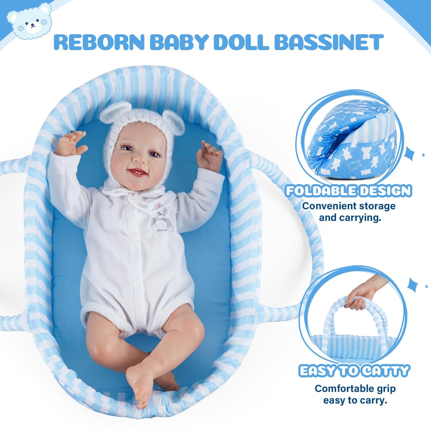 Babeside Reborn Baby Doll Bassinet For 17-22 Inch Dolls, Cute Bear Patterns Baby Doll Accessories Soft Foldable Babydoll Crib Be