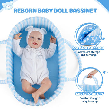Babeside Reborn Baby Doll Bassinet For 17-22 Inch Dolls, Cute Bear Patterns Baby Doll Accessories Soft Foldable Babydoll Crib Be