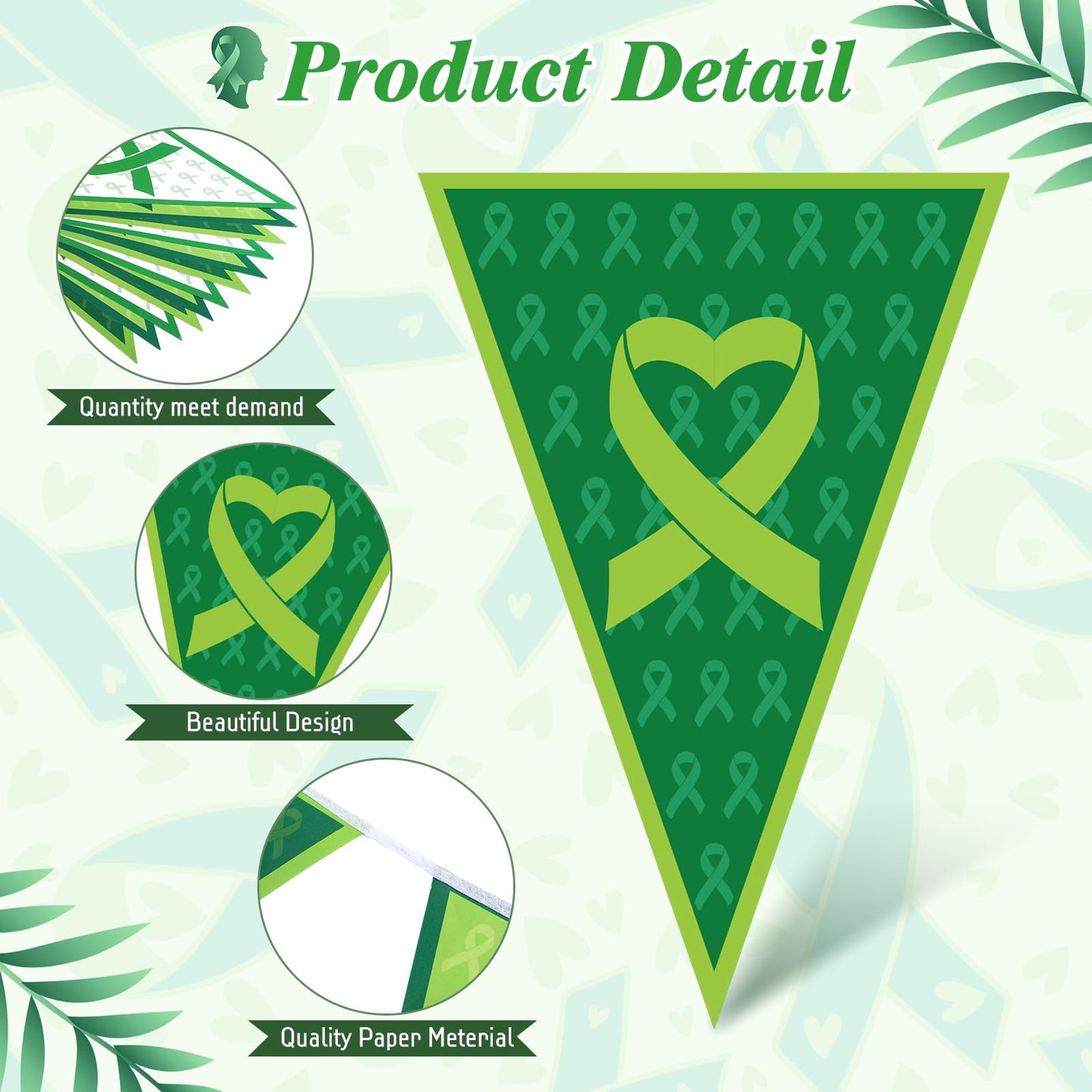 Tatuo 5 Pcs 49 ft Mental Health Awareness Decoration Green Ribbon Pennant Banner Mental Health Triangle Flag Banner Pre-Assemble