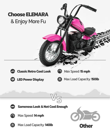 Elemara Electric Dirt Bike, 24V Ride On Toy For Big Kids,15 Mph & 150Lb Max, Kids Motorcycle W/Raised Handlebars, Power Display, Twist-Grip Throttle,Shock Springs, Key Start,Handbrake, 12' Tires-Pink