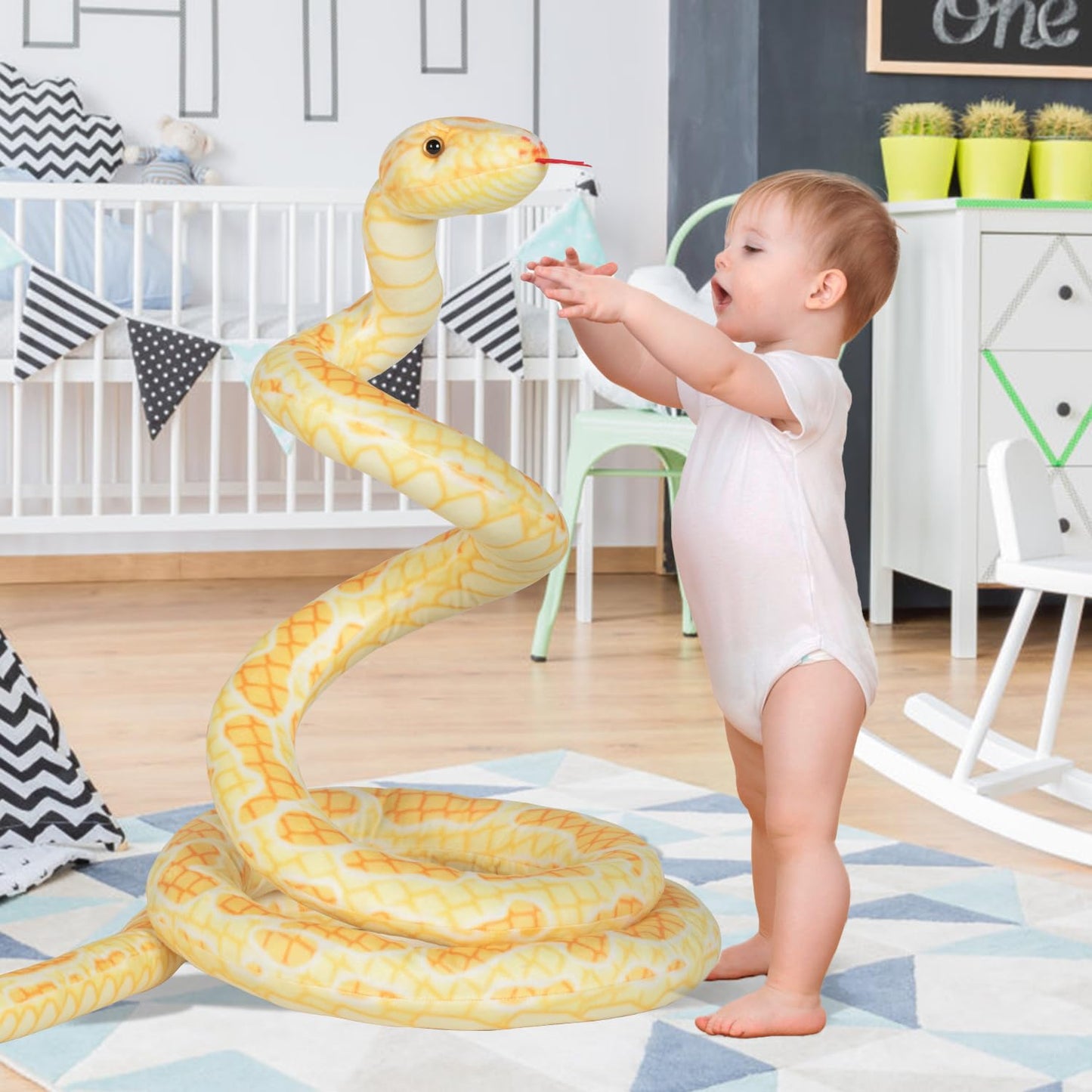BRINJOY Giant Snake Plush Toy, 149" Lifelike Stuffed Animal, Yellow, Model BJ-T0017-Y, Ideal Gift for Kids Birthday & Baby Shower