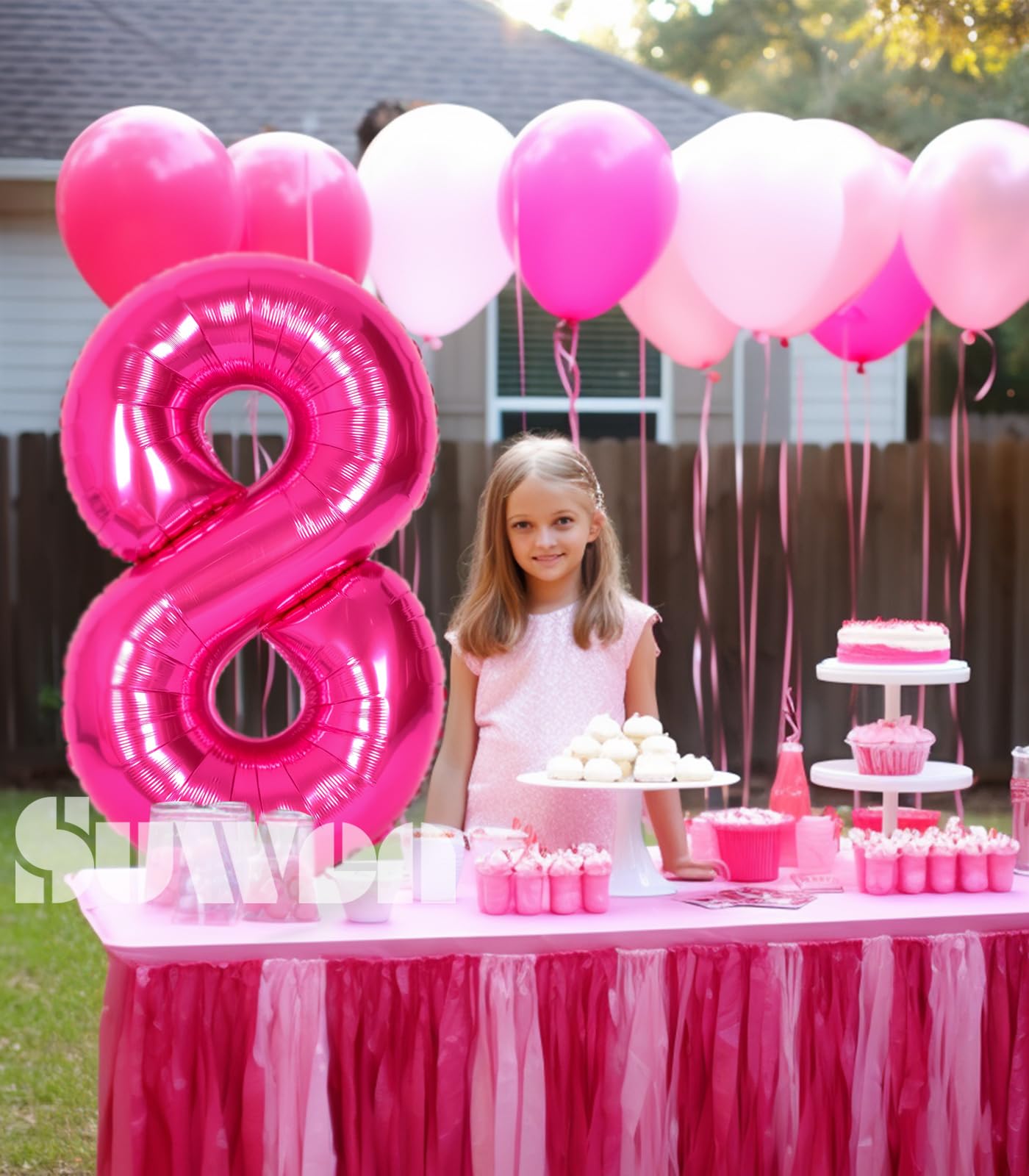 Suwen 40 Inch Hot Pink Large 8 Number Balloons Big Foil Helium Number Balloons 0-9 Jumbo Happy 8Th Mylar Birthday Party Decorati
