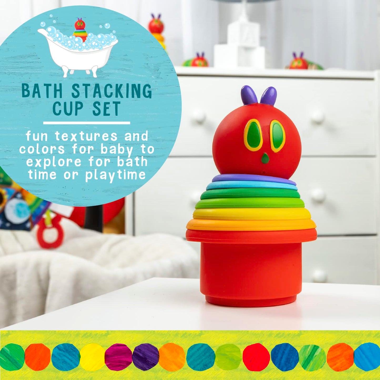 Kids Preferred Silicone Stacking Cups Set - The Very Hungry Caterpillar Bath Toys for Ages 18 Months+, Multicolor, Model 55765
