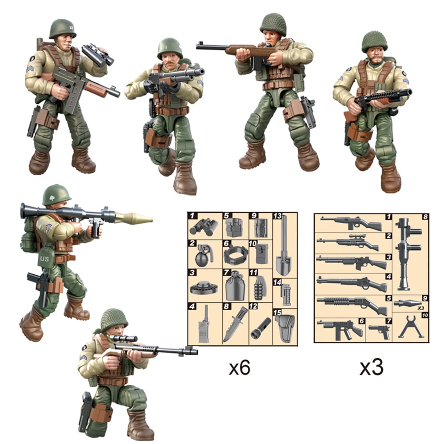 MEIEST 6 PCS Mini WWII Soldier Military Action Figures  Army Model Building Block Toys with Multiple Military  Accessories Party Favors Set for Kids (US Army)