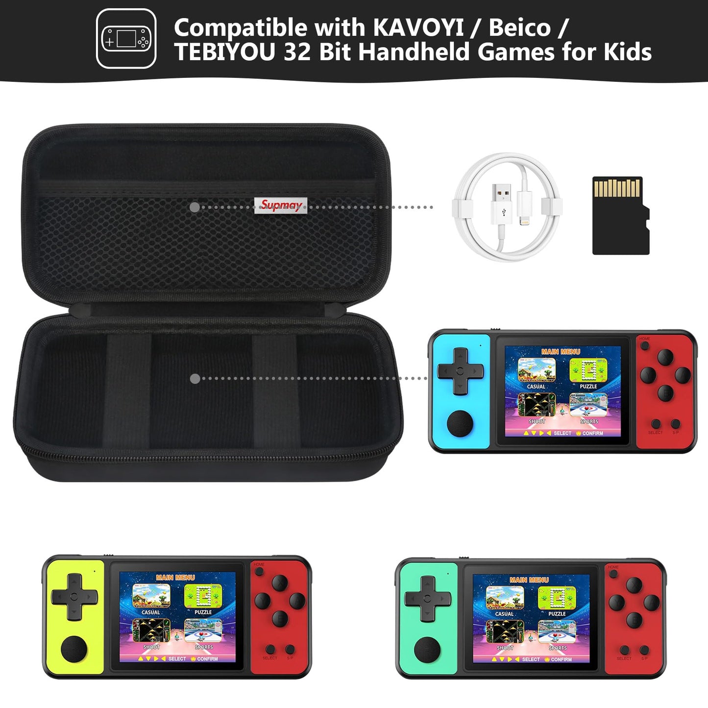 Supmay Carrying Case Compatible with KAVOYI/Beico/TEBIYOU 32 Bit Handheld Games for Kids, Portable Arcade Gaming Player Storage