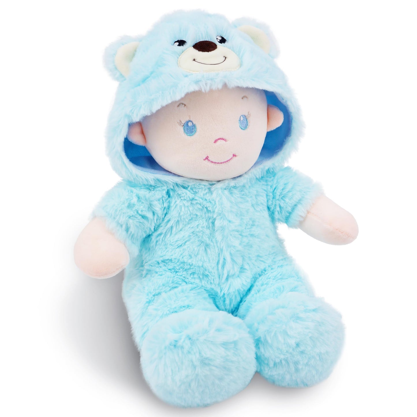 June Garden 12'' Sweet Dolly Fuzzy - Stuffed Ultra Soft Baby Bear Doll For Birth And Up - Removable Blue Outfit