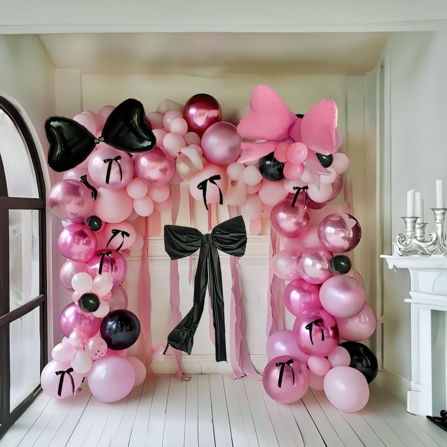 Kozee Coquette Birthday Decoration Kit - 150pcs Balloon Garland Arch, Pastel Pink & Black, Rubber, Cake Topper for Girls Baby Shower Party