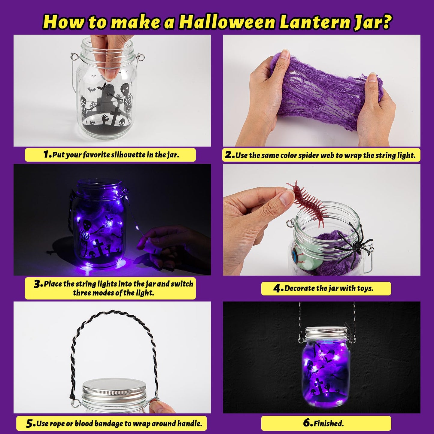 Halloween Mason Jar DIY Lantern Kit for Kids - 4 Pcs Glass Jars With Accessories, Art & Craft Party Supplies, Activities