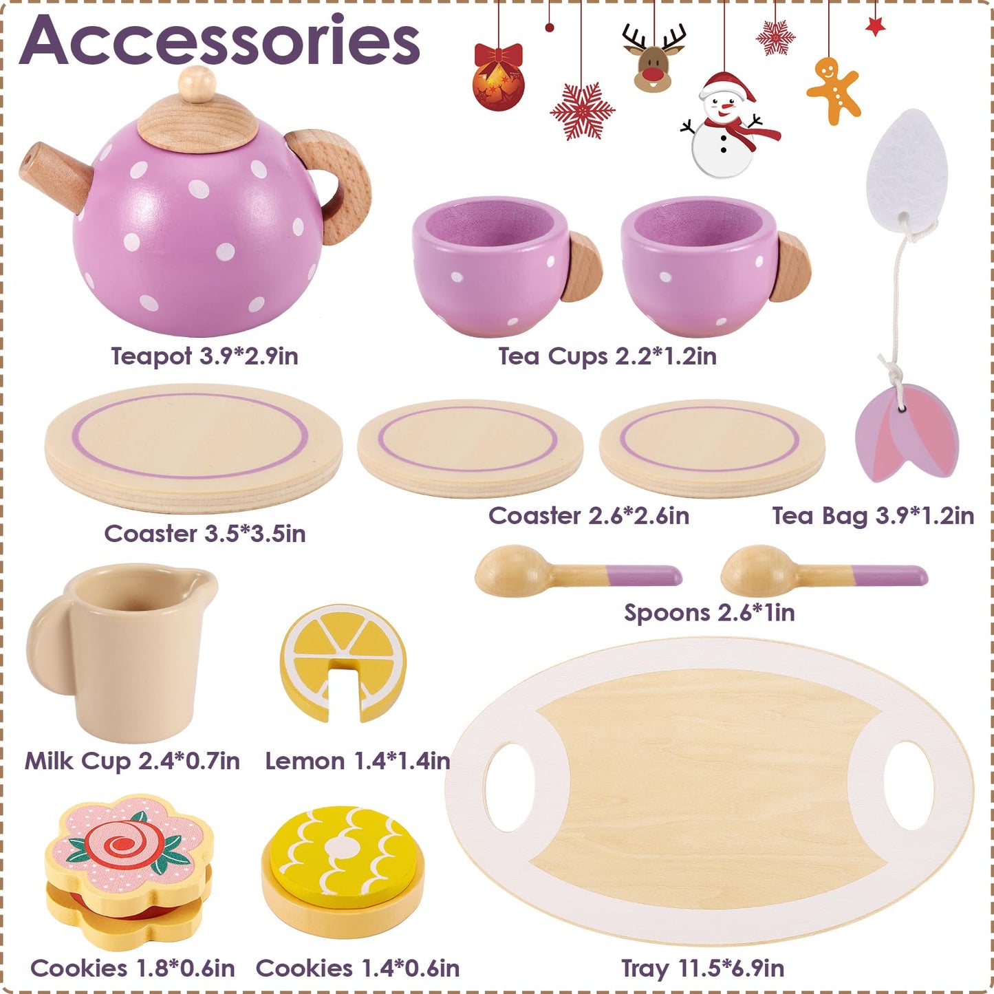 BUYGER Wooden Tea Party Set for Little Girls with Play Food Kitchen Accessories Toy Pretend Play Princess Tea Party Time for Gir