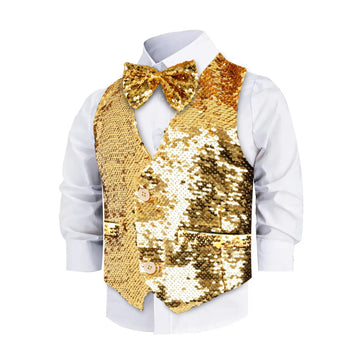 Dress Up America Boys Sequin Vest With Bowtie - Sparkly Costume Vest For Kids - Shiny Formal Party Outfit For Boys (Gold)