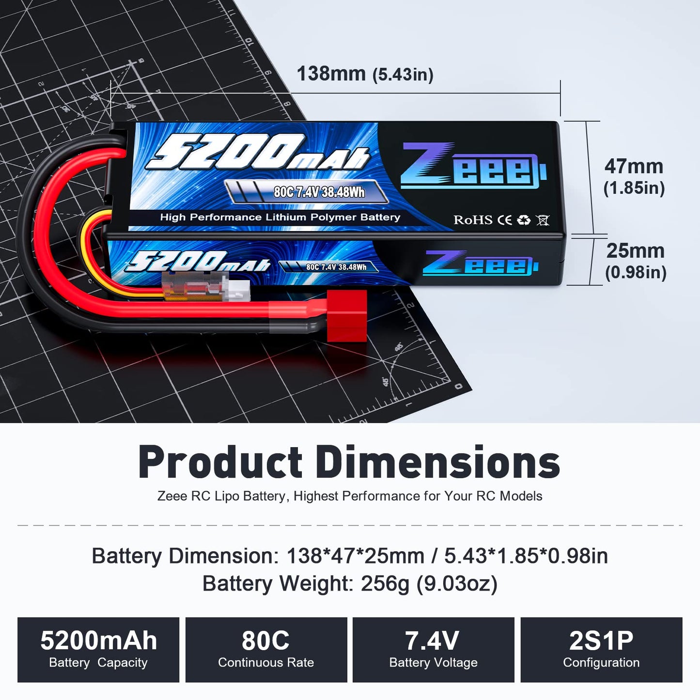Zeee 2S Lipo Battery 5200Mah 7.4V 80C Rc Hard Case T Connector For 1/8 1/10 Rc Vehicles Rc Car Rc Truck Tank Rc Buggy Truggy Rc