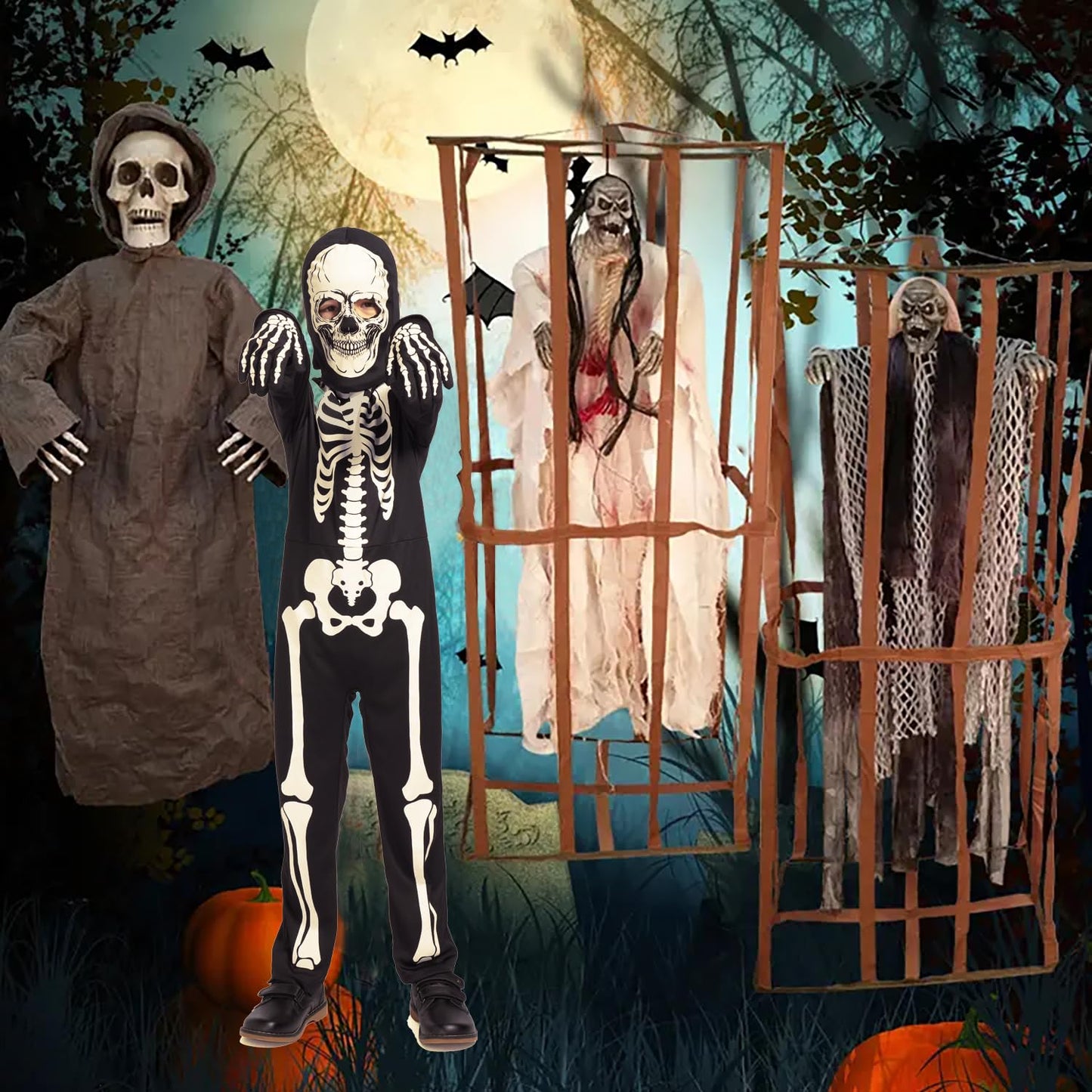 Wizland Halloween Costume Glow In The Dark Skeleton Costume Halloween Skeleton Outfit For Boys,Girls 7-9Years