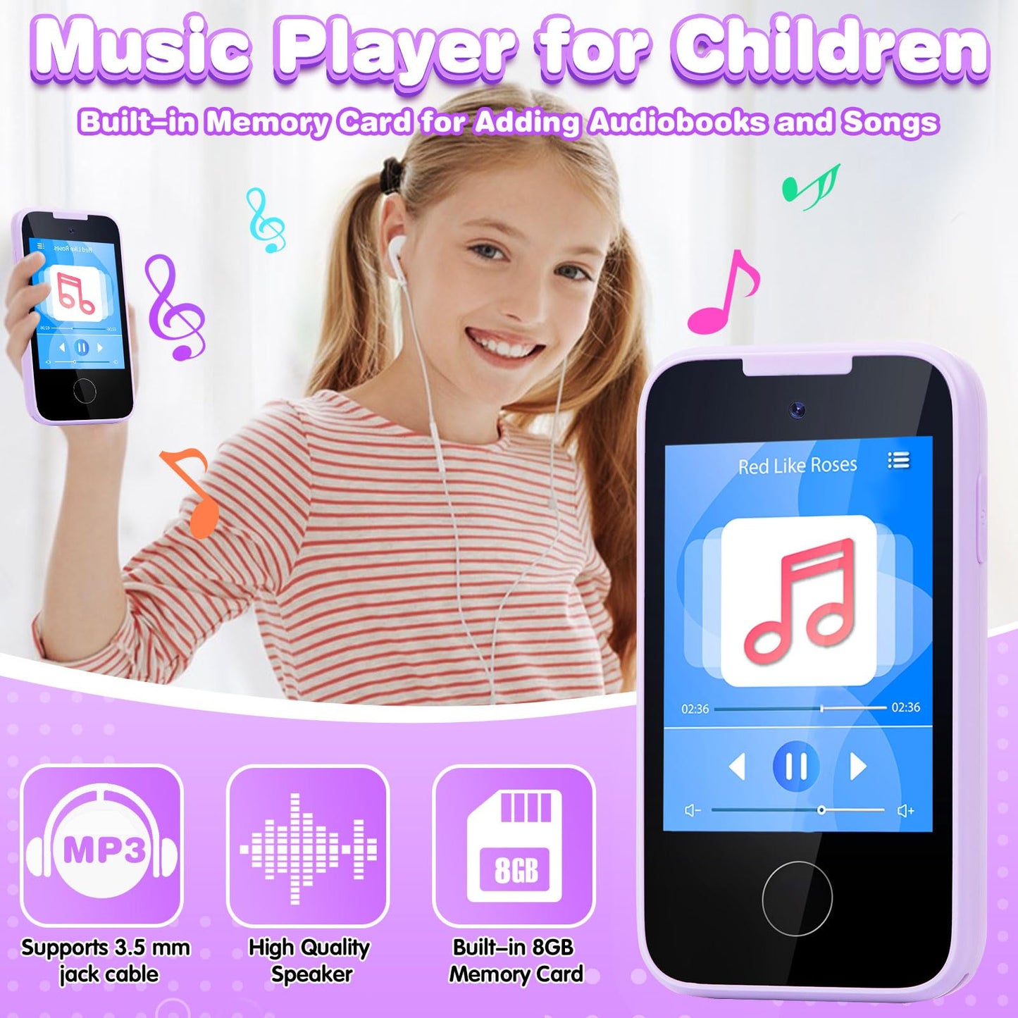 MOFGDNI Kids Phone Toy - Touchscreen Educational Device with Camera, MP3, Games, Purple, Model PH05 for Ages 3-8