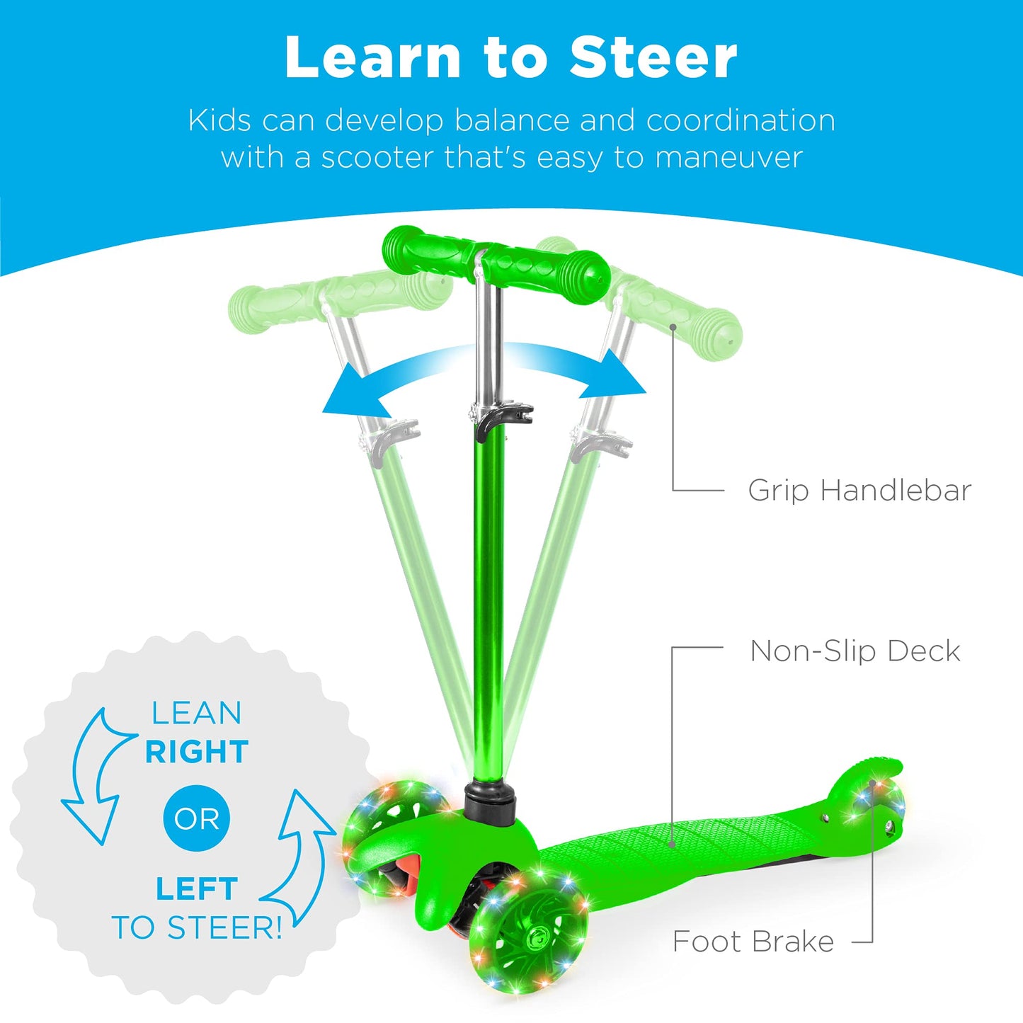 Best Choice Products Kids Mini Kick Scooter Toy W/ Light-Up Wheels, Height Adjustable T-Bar, Foot Break - Green
