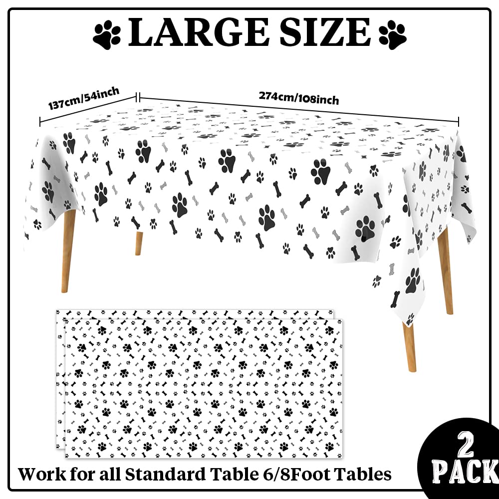 Qeymn Puppy Paw Print Plastic Tablecloth Table Cover, 2 Pack Pupply Paw Print Disposable Rectangle Table Cover For Kids Birthday