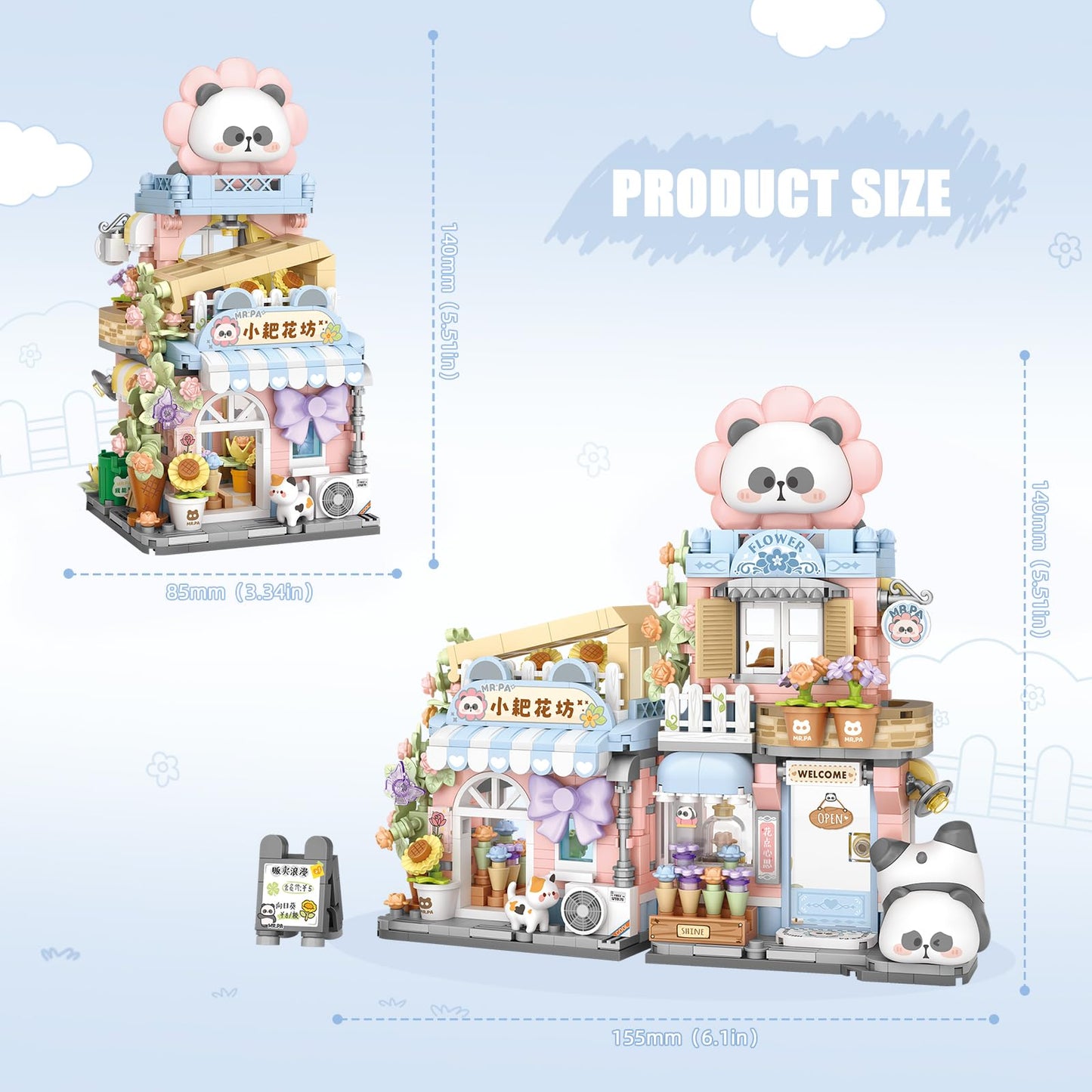 Street View Flower House Shop Mini Building Blocks, Moc Creative Building Toys Cute Panda Building Set For Kids 6-12, Simulation
