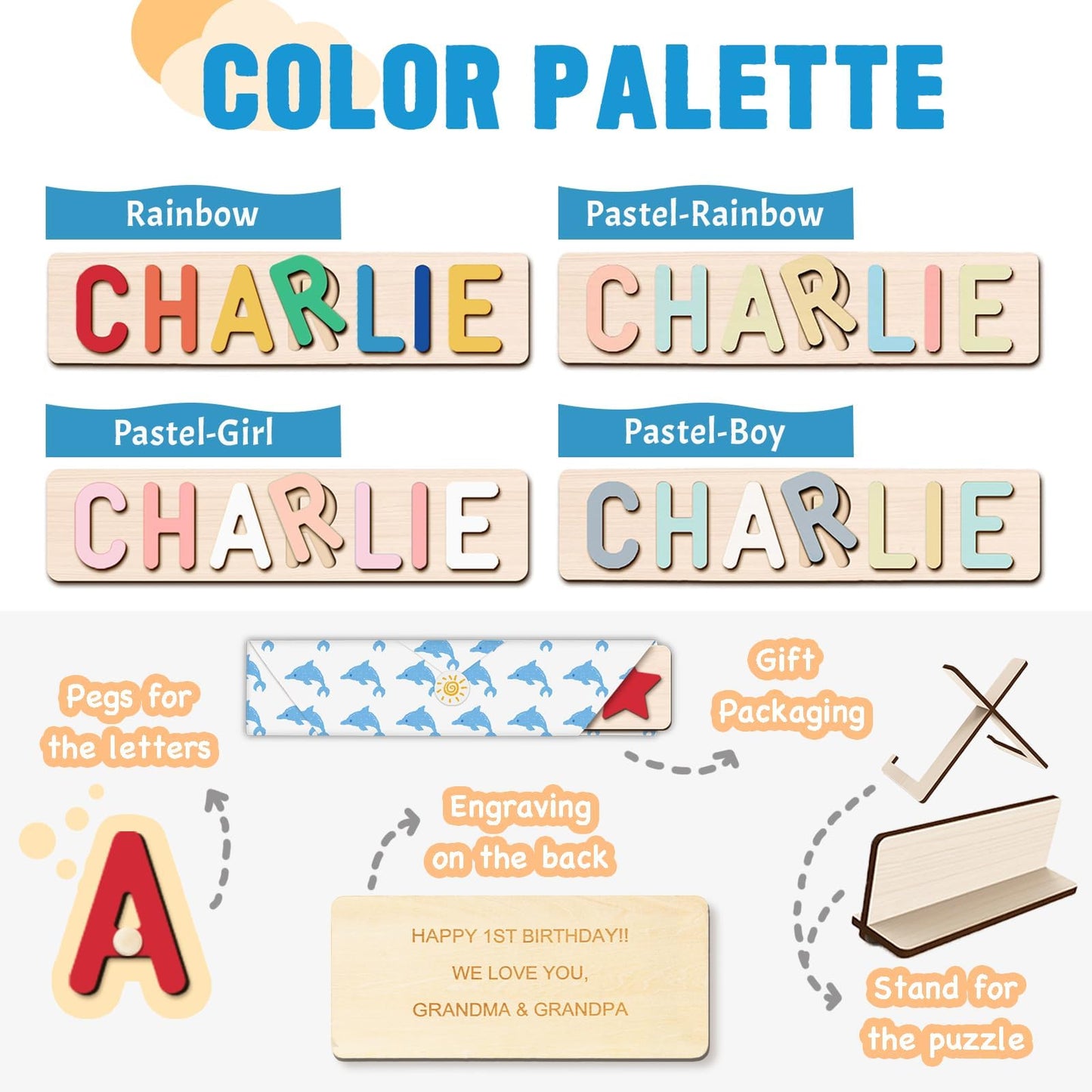Ingifta Name Puzzle For Kids Personalized, Baby First Birthday Gifts, Wooden Custom Shapes Puzzle For Toddler 1-3, Montessori Le