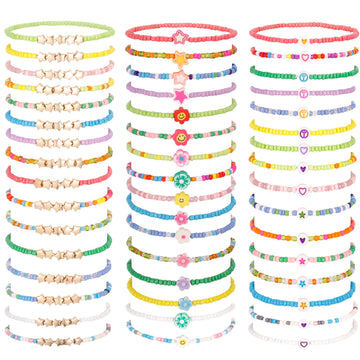 Guiqulai 48 Pcs Kids Friendship Bracelet Set,Colorful Adjustable Beaded Bracelets,Cute Stretch Preppy Bracelets,Stackable Clay S