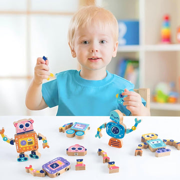 Wooden Snap-Together Building Toys, Robot Building Kit For Kids,Stem Building Blocks,Take Apart Playset 28Pcs, Fine Motor Skill