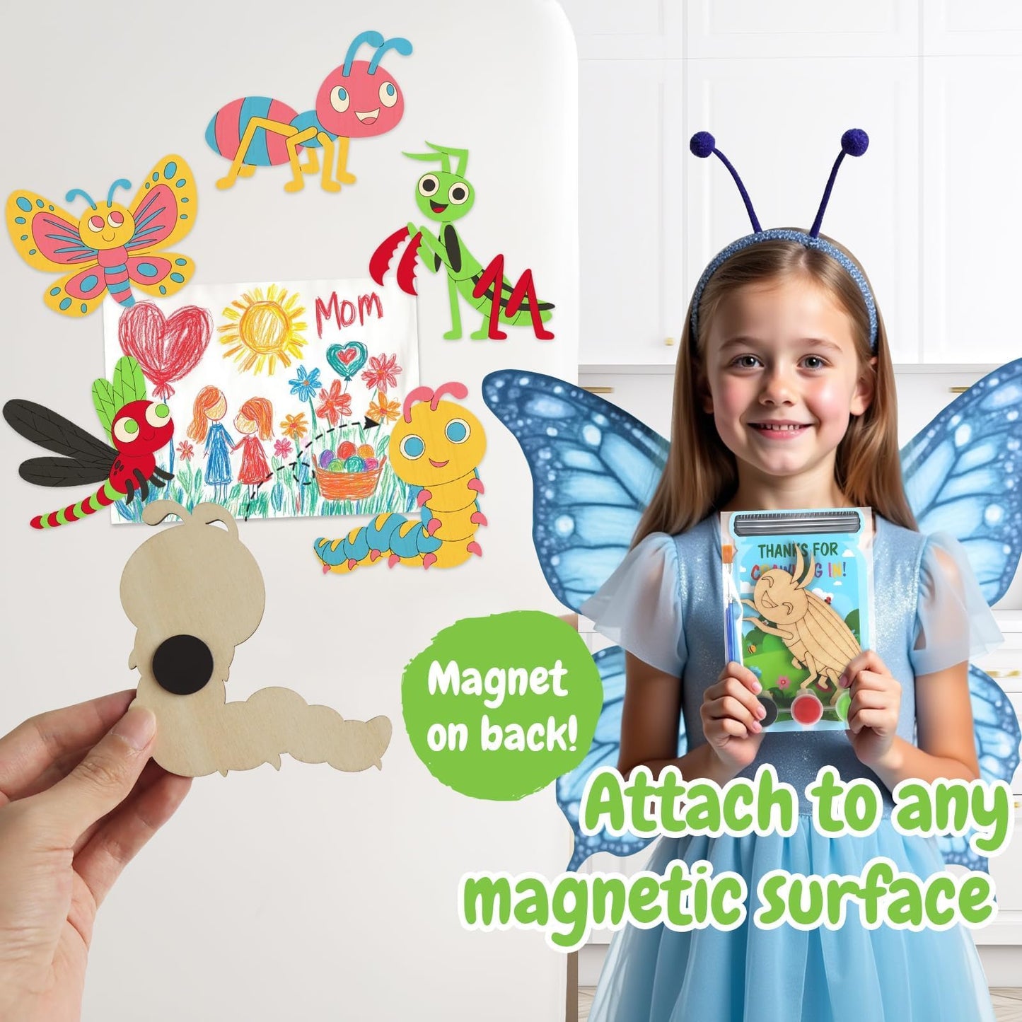 12 Pack Bug Party Favors for Kids - Individually Wrapped Paint Your Own Wooden Magnet Craft Kits with Thank You Card, Insect Bir