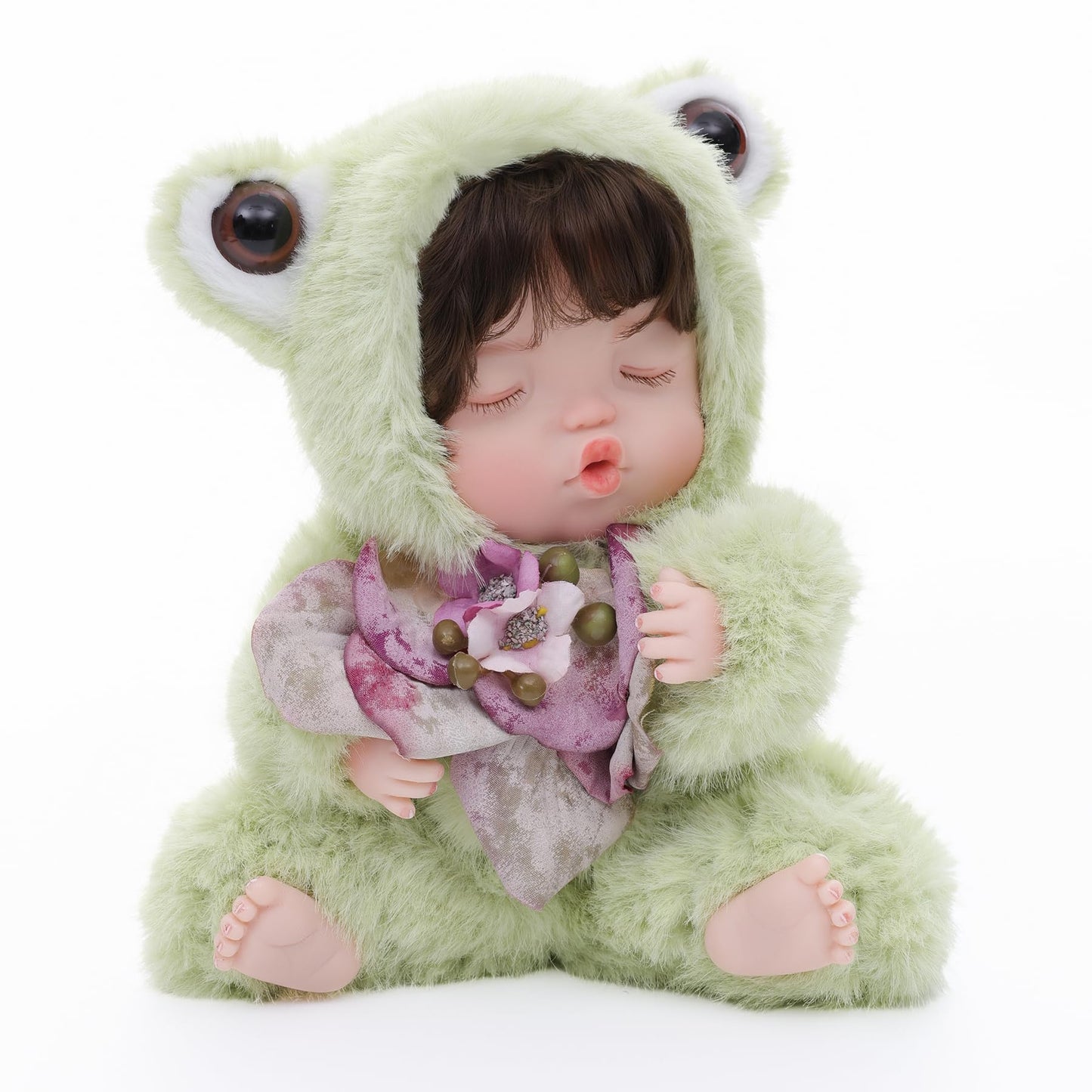 Reborn Baby Doll 10 Inch - Realistic Vinyl Sleeping Girl In Soft Green Frog Outfit - Comfort Doll Gift For Girls & Collectors