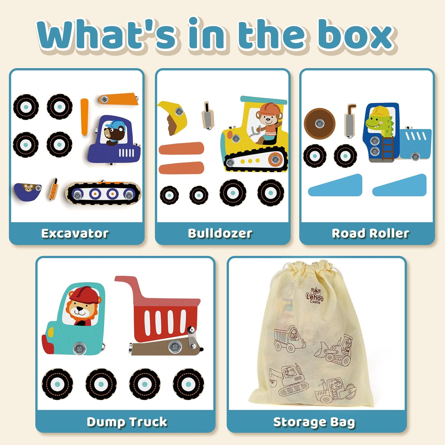 Lehoo Castle Montessori Toys for 3 Year Old  Take Apart Construction Truck STEM Toy for 3-4 3-5 4-5 Year Old Boys  Snap Together Wooden Educational Learning Building Toys Gift for Toddlers