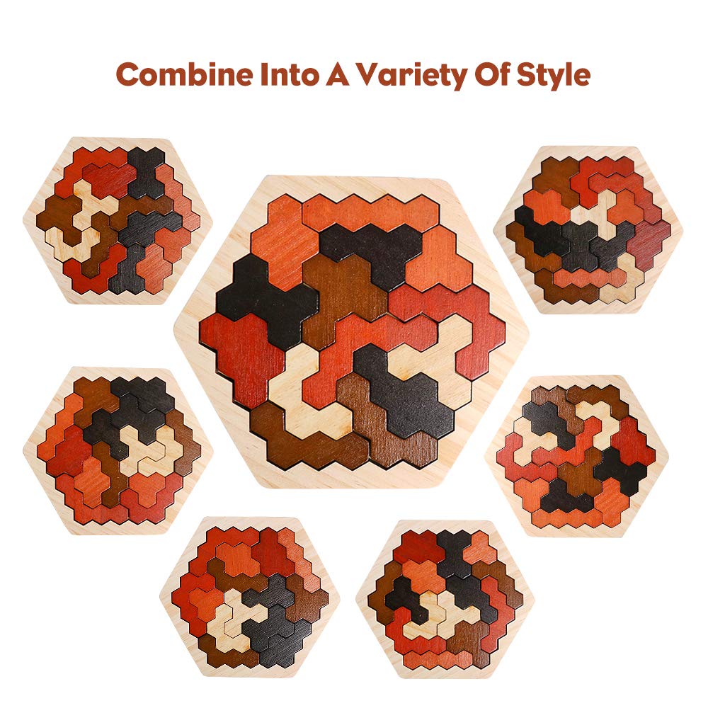 Skrtuan Wooden Hexagon Puzzle For Kid Adults, Colorful Shape Pattern Block Tangram Brain Teaser Toy Geometry Logic Iq Game Stem Montessori Educational Gift For All Ages Challenge Children