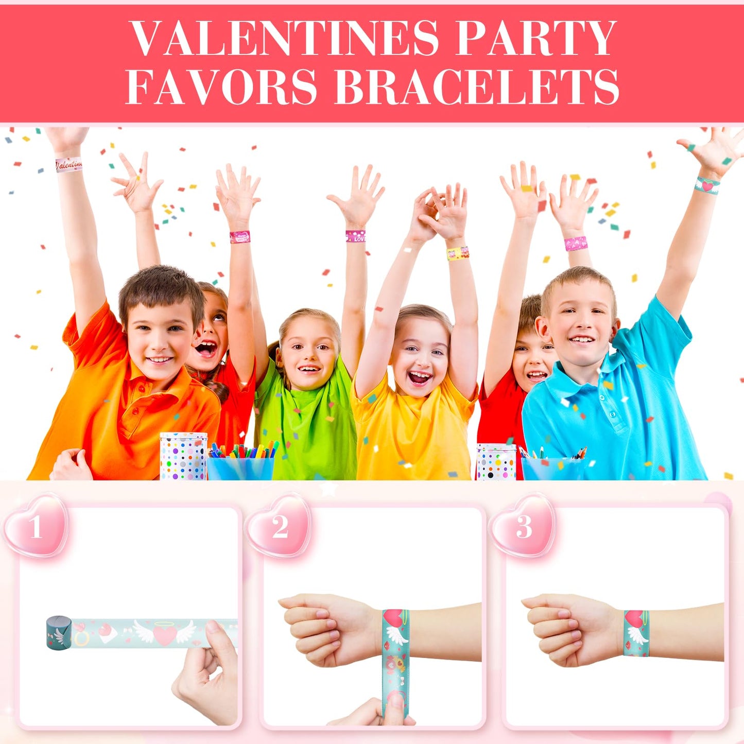 48 Pieces Valentine's Day Slap Bracelets Bulk Party Favors for Kids - 12 Designs Love and Hearts Snap Bands, Classroom Exchanges