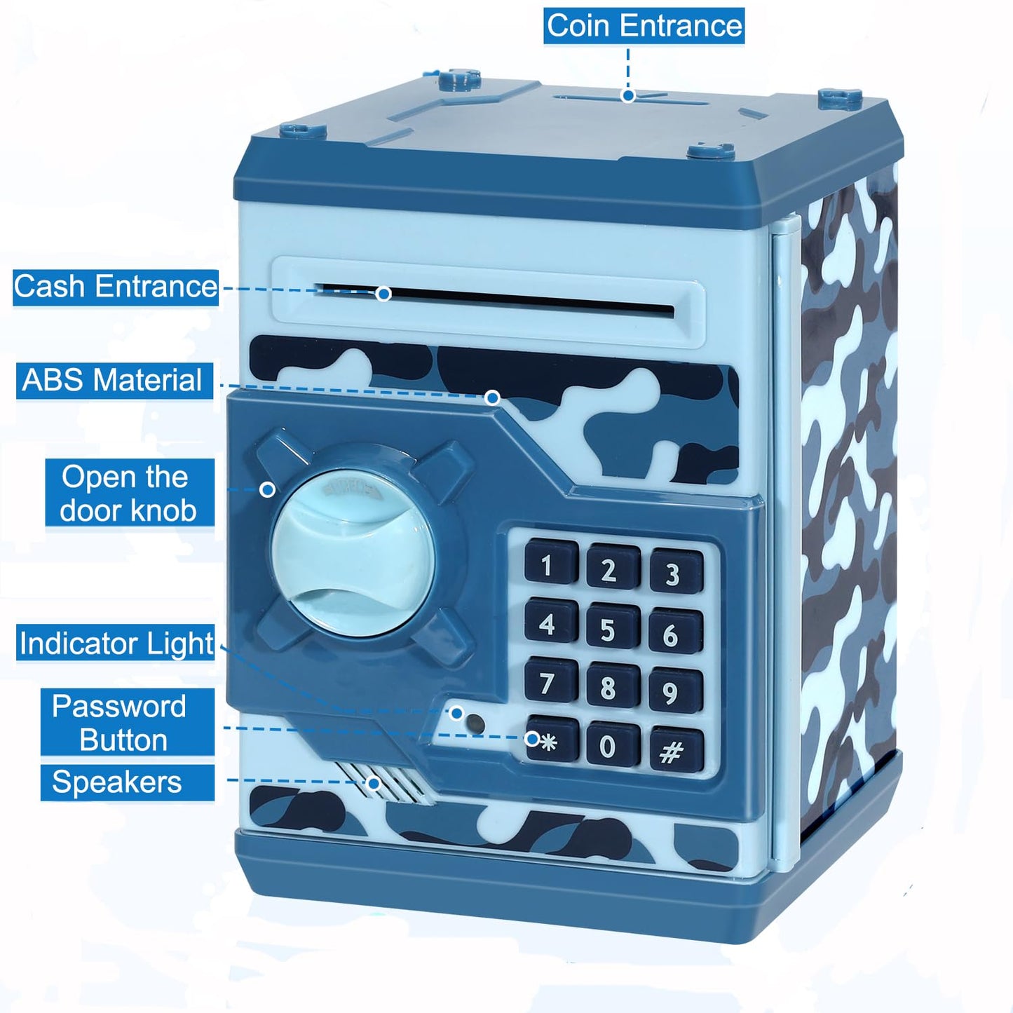 Adevena Electronic Piggy Bank, Mini Atm Password Money Bank Cash Coins Saving Box For Kids, Cartoon Safe Bank Box Perfect Toy Gifts For Boys Girls (Camouflage Blue)