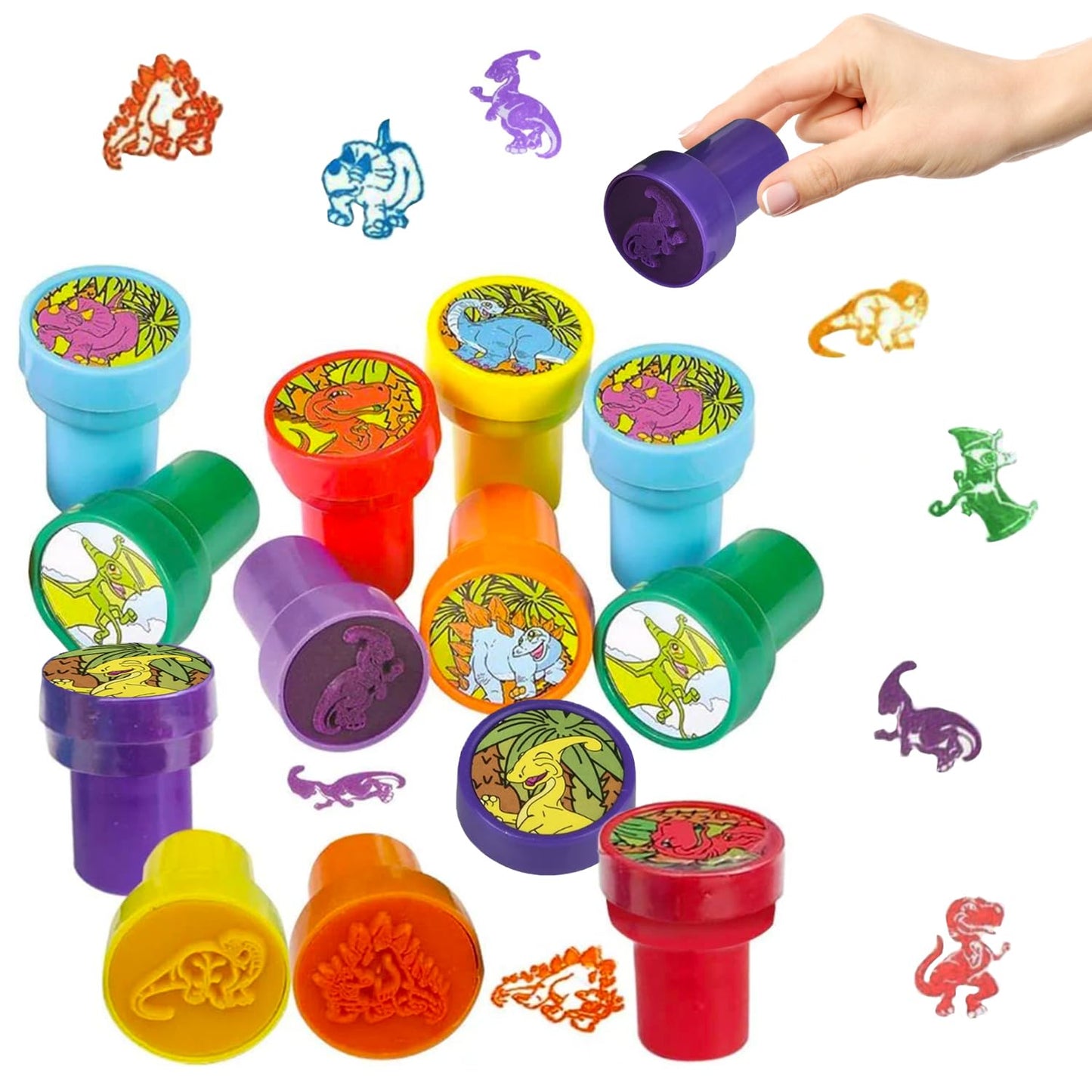 The Dreidel Company Dinosaur Stampers Theme Self-Ink Stamps for Kids, Crafts Party Favors, Assorted, 1.4 Inch Stamp (6-Pack)