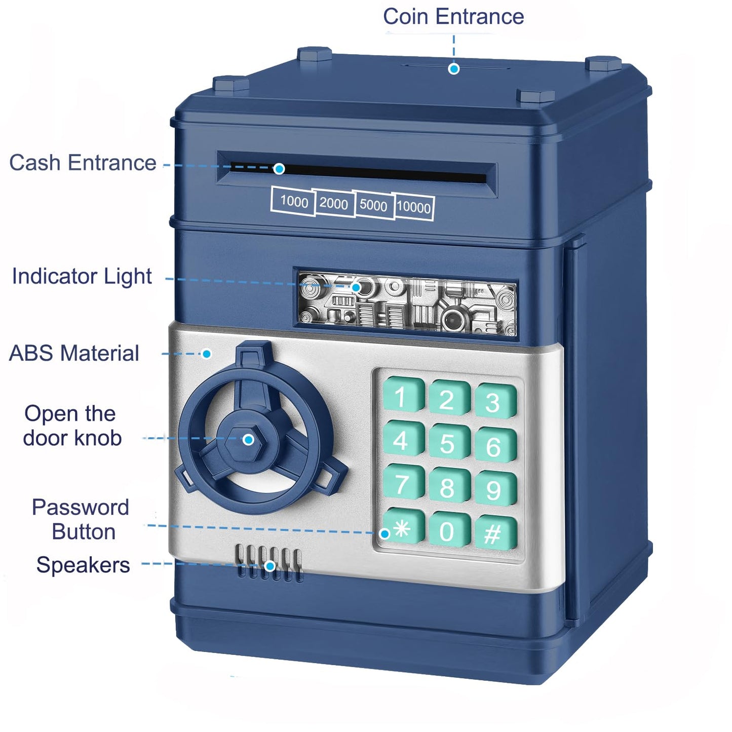 Adevena Electronic Piggy Bank, Mini Atm Password Money Bank Cash Coins Saving Box For Kids, Cartoon Safe Bank Box Perfect Toy Gifts For Boys Girls (Navy Blue)