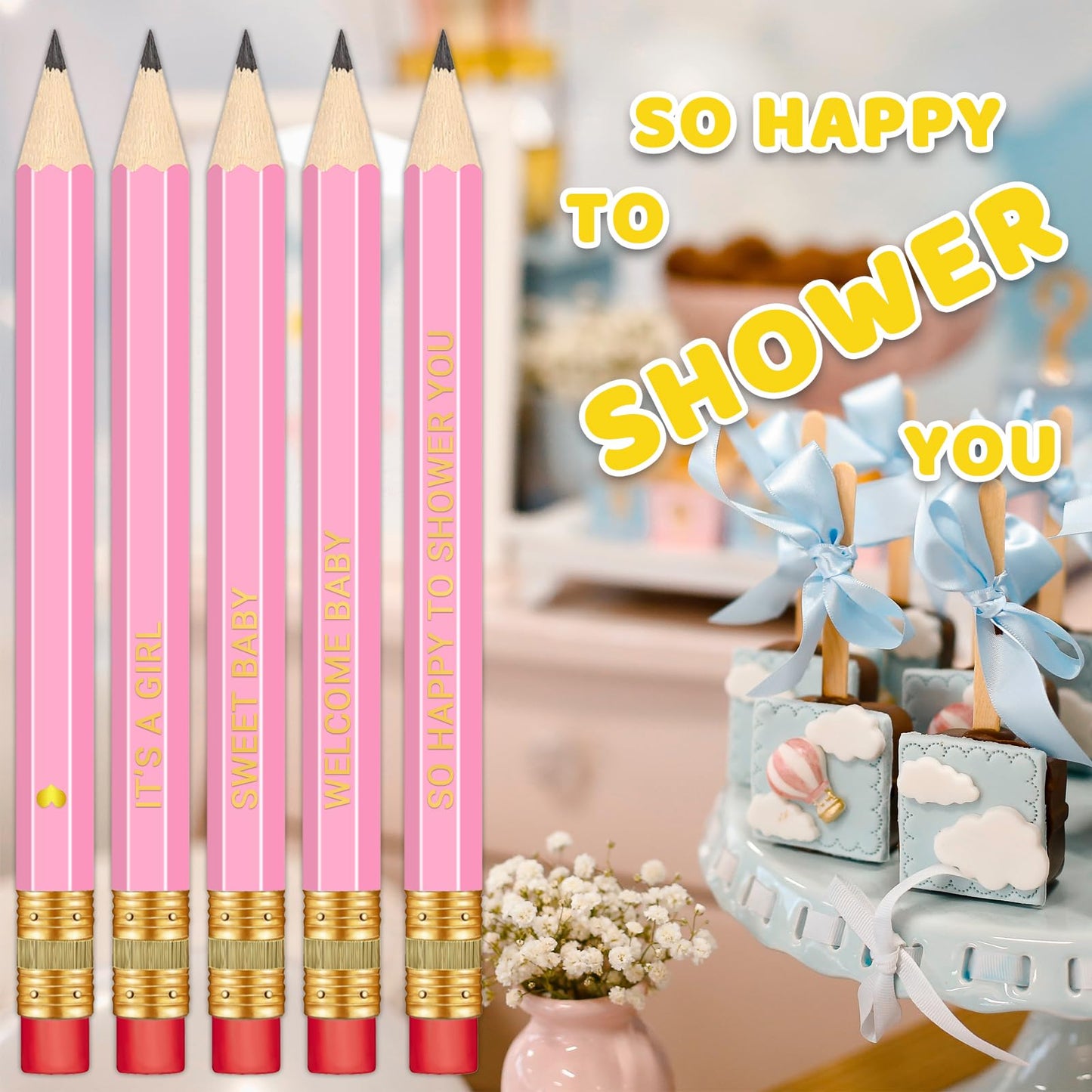 Vusnud 50Pcs - Baby Shower Sharpened Half Pencils With Erasers, Pre-Sharpened Pencils For Baby Shower Games, 4 Inches