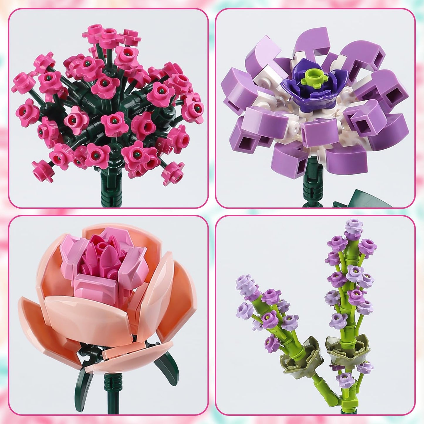 Chodia Flower Bouquet Building Blocks Pink Rose Botanical Collection Bricks Sets Creative Toys Kits Birthday Anniversary For Adu