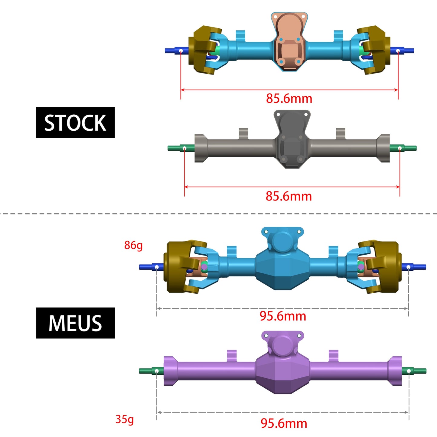 MEUS RACING SCX24 Axles Isokinetic CVD 52° Steering Angle +5mm Widened Front and Rear - Silver Upgrade for Axial SCX24 Crawler