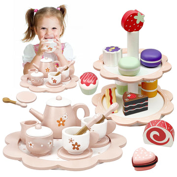Wooden Tea Party Set for Little Girls, 25Pcs Wooden Tea Set with Play Food Dessert Cakes and Cake Stand for Toddler, Wooden Pret