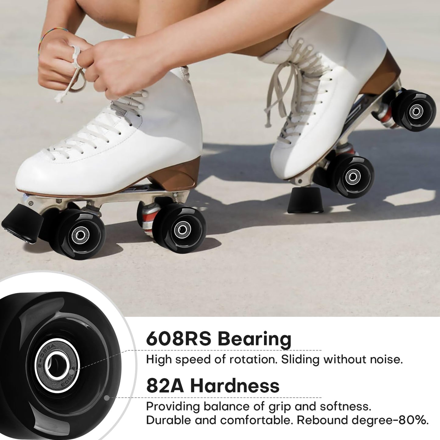 Nezylaf 8 Pack 32 x 58  82A Quad Roller Skate Wheels with Bearing Installed and 2 Toe Stoppers for Double Row Skating Replacment Accessories Suitable for Outdoor or Indoor