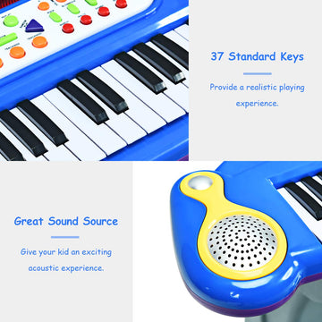 Costzon 37-Key Kids Piano Keyboard Toy, Toddler Electronic Musical Instrument Educational Toy W/Microphone, Multiple Sounds, Record Playback, Lights & Stool, Birthday Gift For Girls Boys Age 3+, Blue