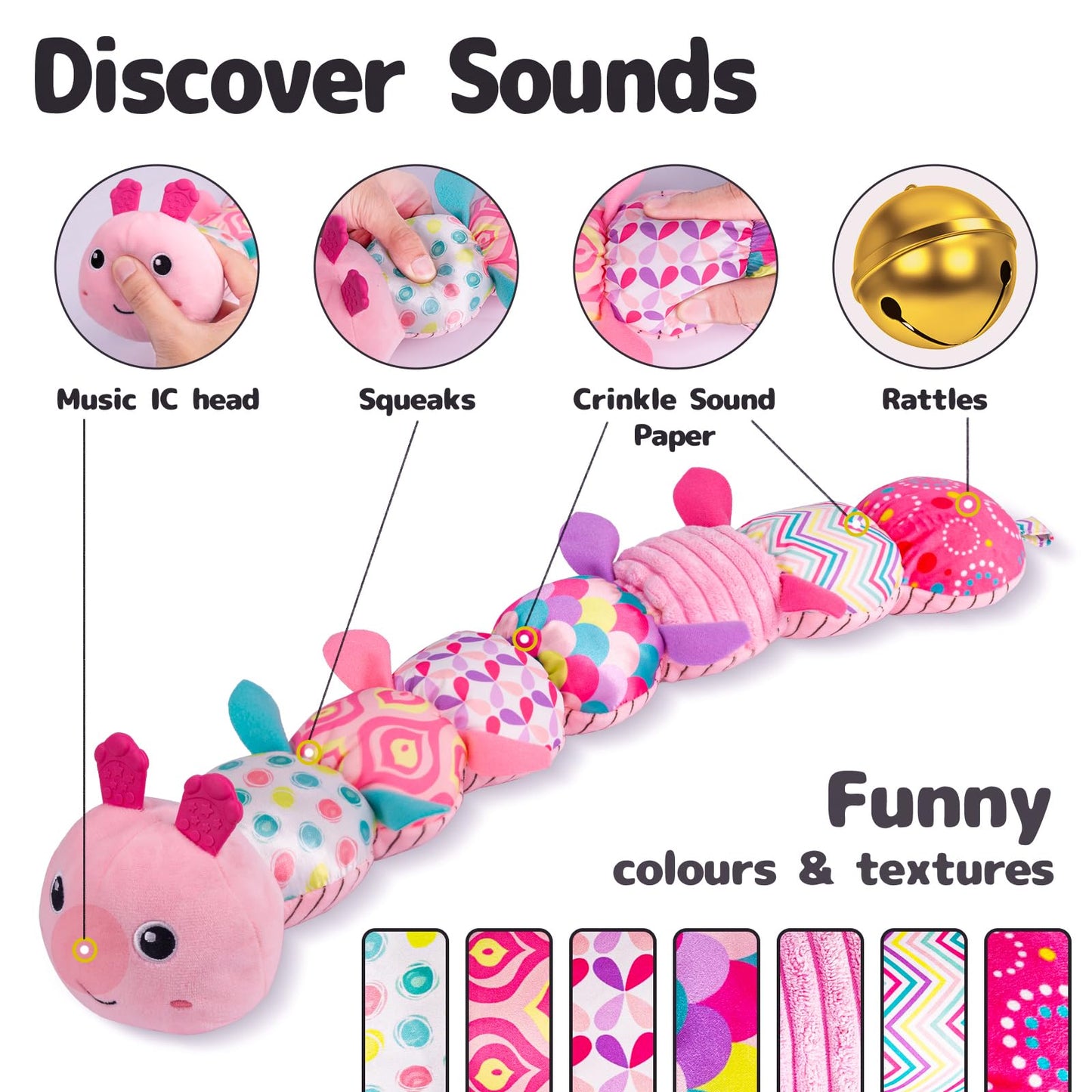 Sumobaby Infant Baby Musical Stuffed Animal Activity Soft Toys With Multi-Sensory Crinkle, Rattle And Textures, For Tummy Time Newborn 0-3-6-12 Months Girls, Caterpillar, Pink