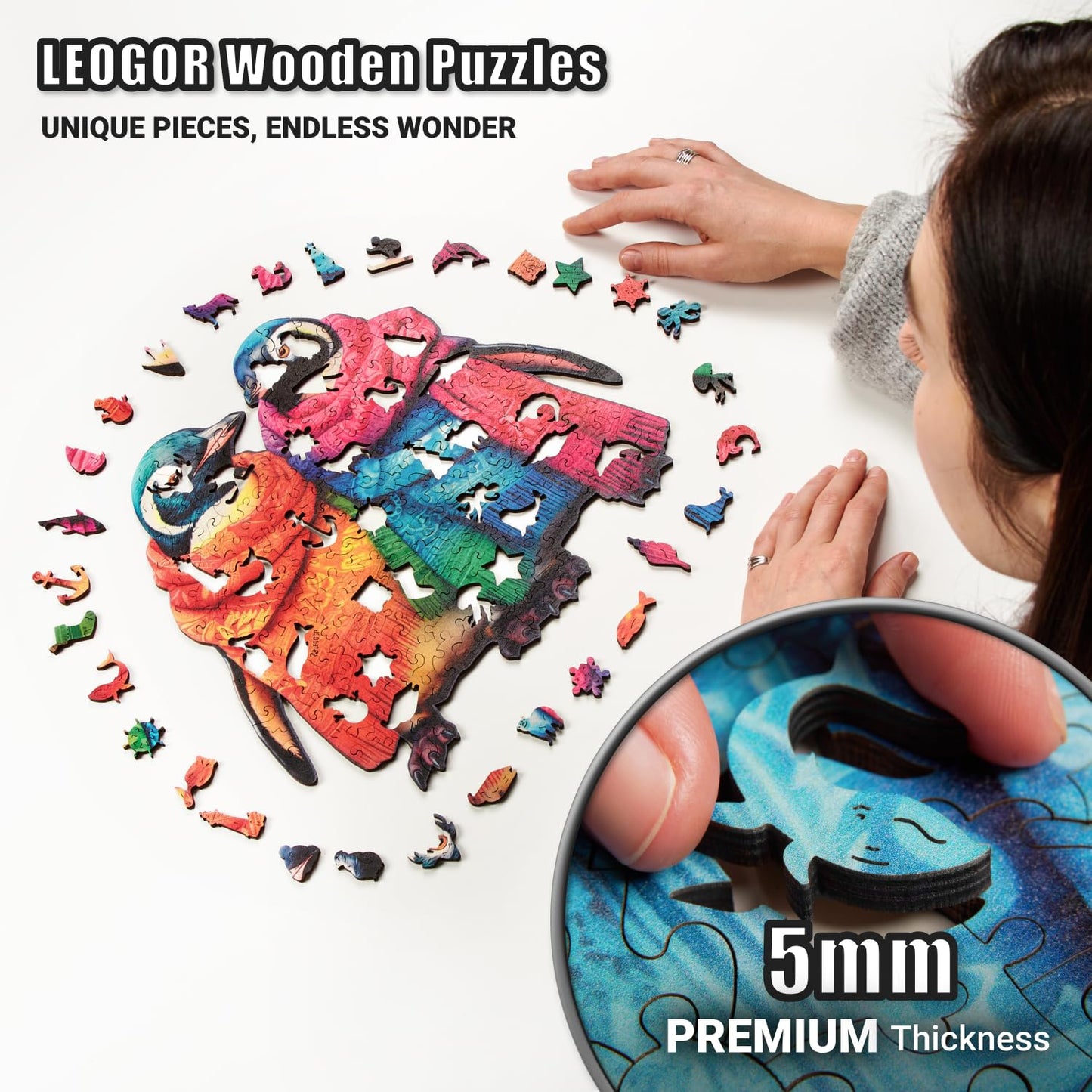 LEOGOR Wood Puzzles mature-themed Jigsaw - Exquisite Wooden Penguin Puzzle for mature-themeds and Teenagers  Unique Animal-Shaped Creative Colorful Mosaic  200 Pieces  Medium 12.8'' x 11.4''